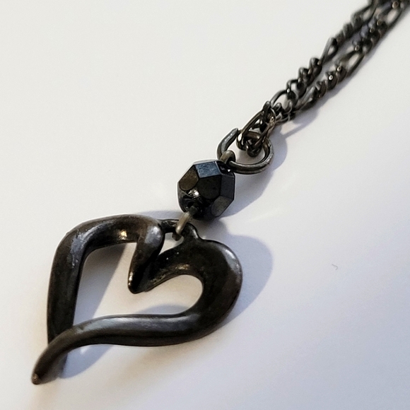 Dark Gun Metal Heart Necklace | Open Heart Pendant w/ 8" Chain - Picture 9 of 13